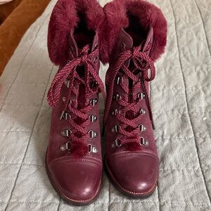 Sam Edelman Burgundy Lace-Up Fur Collar Boots